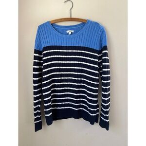 Croft‎ & Barrow Womens XL Blue Navy White Stripe Cable Knit Crew Neck Coastal